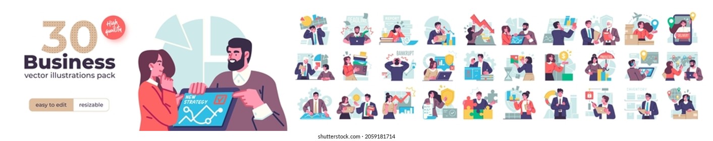 Business Concept illustrations. Mega set. Collection of scenes with men and women taking part in business activities. Vector illustration - Shutterstock ID 2059181714