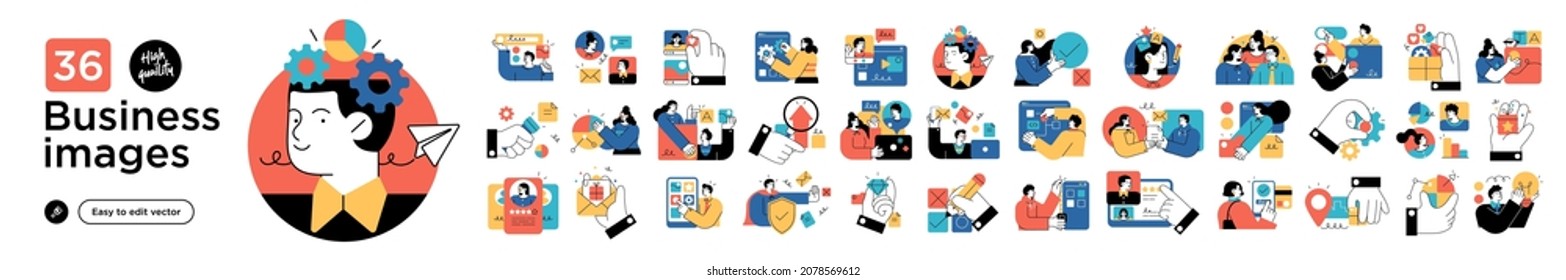 Business Concept illustrations. Mega set. Collection of scenes with men and women taking part in business activities. Vector illustration - Shutterstock ID 2078569612