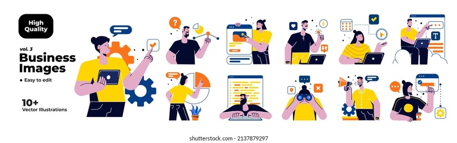 Business Concept illustrations. Mega set. Collection of scenes with men and women taking part in business activities. Vector illustration