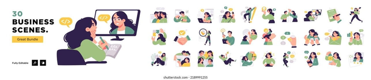 Business Concept illustrations. Mega set. Collection of scenes with men and women taking part in business activities. Vector illustration