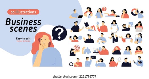 Business concept illustrations. Mega set. Collection of business people doing online business, management, project development, analytics, marketing research, social media. Flat vector illustration	