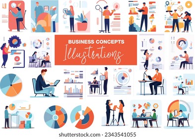 Business Concept illustrations. Mega set. Collection of scenes with men and women taking part in business activities. Vector illustration.