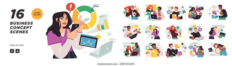 Business Concept illustrations. Mega set. Collection of scenes with men and women taking part in business activities. Vector illustration