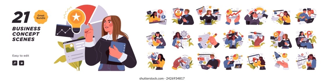 Business Concept illustrations. Mega set. Collection of scenes with men and women taking part in business activities. Vector illustration