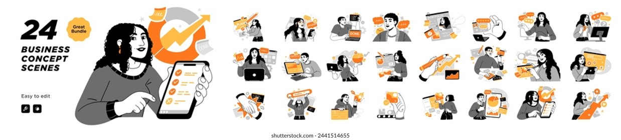 Business Concept illustrations. Mega set. Collection of scenes with men and women taking part in business activities. Vector illustration