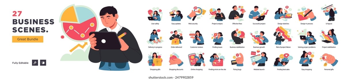 Business Concept illustrations. Mega set. Collection of scenes with men and women taking part in business activities. Vector illustration