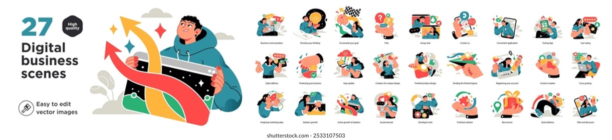 Business Concept illustrations. Mega set. Collection of scenes with men and women taking part in business activities. Vector illustration