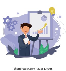 Ilustraciones de Business Concept sobre el fondo azul. Hombre explicando la escena. ilustración vectorial