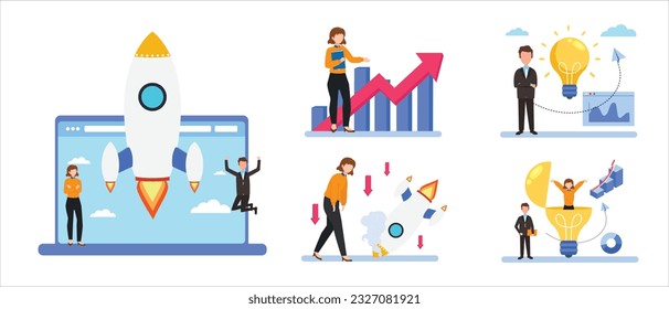 Business Concept illustrations. business process, team work and human resource management. Collection of scenes with men and women taking part in business activities. Vector illustration	