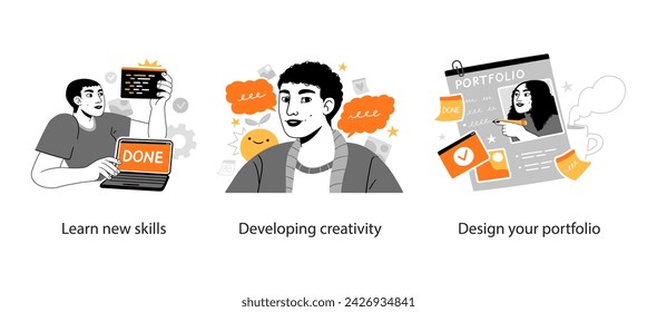 Business Concept Illustrationen. Szenen mit Männern und Frauen, die an geschäftlichen Aktivitäten teilnehmen. Vektorgrafik
