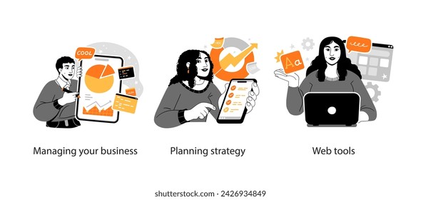 Business Concept illustrations. Scenes with men and women taking part in business activities. Vector illustration