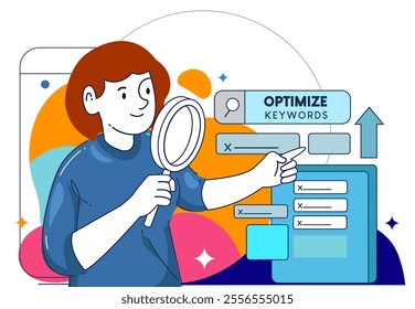 Business concept illustrations. Seo analysis modern flat concept for web banner design. Woman analyst studies data, selects keywords and optimizes site for popular search queries