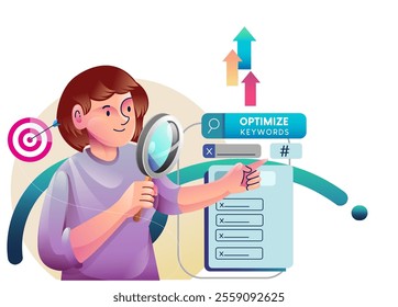 Business concept illustrations. Seo analysis modern flat concept for web banner design. Woman analyst studies data, selects keywords and optimizes site for popular search queries.