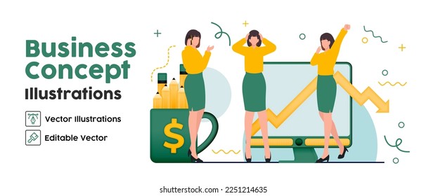 Ilustraciones de Business Concept. conjunto Colección de escenas con mujeres que participan en actividades de negocios de pérdidas laborales. Ilustración del vector