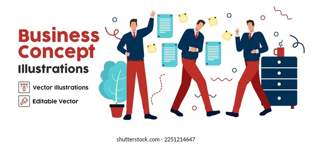 Business Concept illustrations. set Collection of scenes with men taking part in business activities. Vector illustration