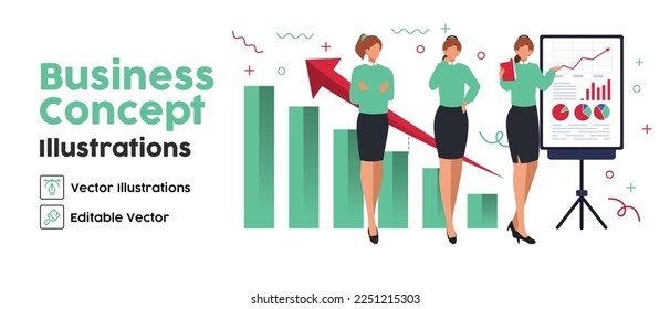 Business Concept illustrations. set Collection of scenes with women taking part in workaholic business idea presentation activities. Vector illustration