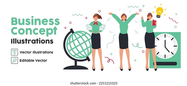 Business Concept illustrations. set Collection of scenes with women taking part in workaholic business idea presentation activities. Vector illustration
