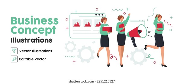 Business Concept illustrations. set Collection of scenes with women taking part in workaholic business activities. Vector illustration