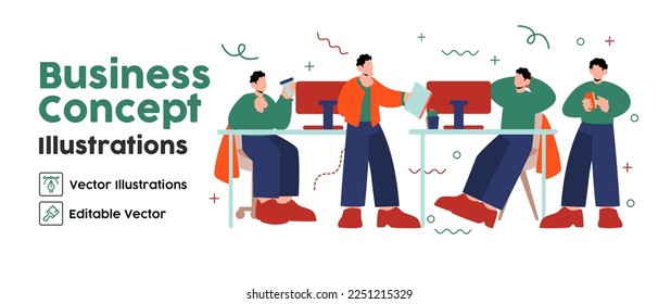 Business Concept illustrations. set Collection of scenes with men taking part in workaholic business activities. Vector illustration
