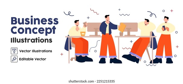 Ilustraciones de Business Concept. conjunto Colección de escenas con hombres que participan en actividades de trabajo aholic. Ilustración del vector