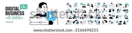 Business concept illustrations. Set of people vector illustrations in various activities of online business, startup, management, project development, communication, social media. 