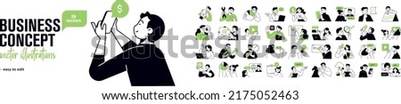 Business concept illustrations. Set of people vector illustrations in various activities of business management, online communication, e-commerce, project management, finance and marketing. 