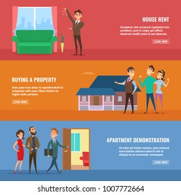 Business concept illustrations set. Real estate agents selling different buildings to happy family couples. Vector building home with realtor agent banners of set