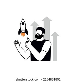 Illustrationen zum Geschäftskonzept. Unternehmenskonzept für Unternehmensgründungen Geschäftstätigkeit. Ein Mann startet eine Rakete. Perfekt für Webdesign, Banner, mobile App, Landing Page, Vektorflaedesign.