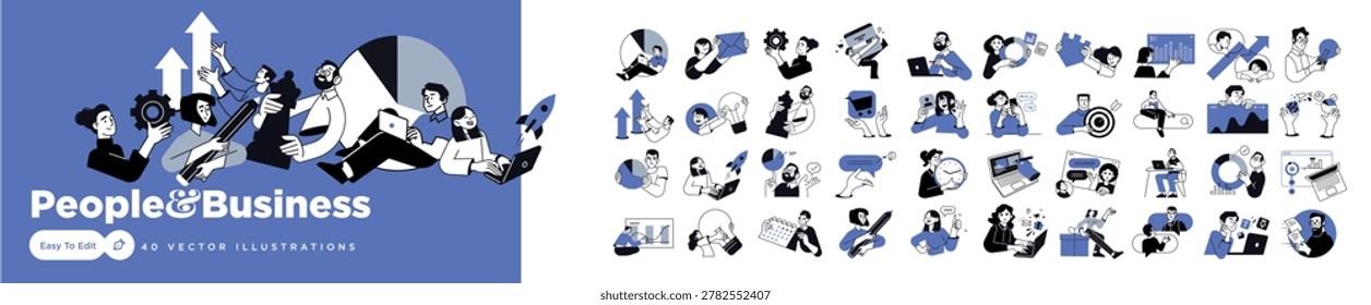Business concept illustrations. Vector illustrations of people in various activities of business strategy and planning, management, data analytics, startup and project development, marketing. 