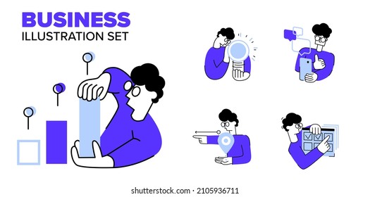 Business Concept Illustrations.Giga set. Collection of scenes with men involved in business activities. Vector illustration