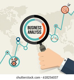 business concept infographic with Magnifying glass showing data analytics flat line design concept.