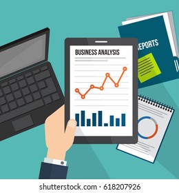 infografía de concepto de negocio con tableta que muestra el concepto de diseño de línea plana de análisis de datos.