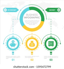 Business concept infographic template colorful vector illustration. Economy and money banner with copyspace. Investitions growth and profit. Business strategy visualization, presentation.
