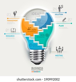Business concept infographic template. Lightbulb staircase idea. Can be used for workflow layout, banner, diagram, web design.