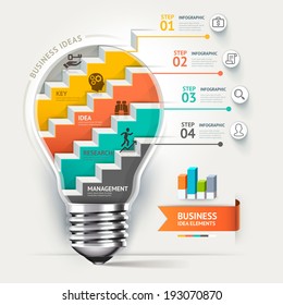 Business concept infographic template. Lightbulb staircase idea. Can be used for workflow layout, banner, diagram, web design.