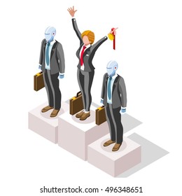 Business concept infographic vector design. Businessperson 3D character flat ambitious woman. Job ambition changing role winning Startup group training goal setting and team management illustration