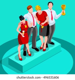 Business concept infographic vector design. Businessperson 3D character flat ambitious man. Job ambition changing role winning Startup group training goal setting and team management illustration