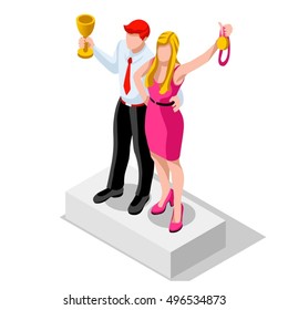 Business concept infographic vector design. Businessperson 3D character flat ambitious man. Job ambition changing role winning Startup group training goal setting and team management illustration