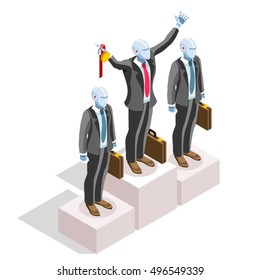 Business concept infographic vector design. Businessperson 3D character flat ambitious man. Job ambition changing role winning Startup group training goal setting and team management illustration