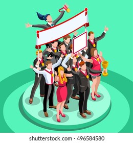 Business concept infographic vector design. Businessperson 3D character flat ambitious man. Career ambition changing role winning Startup group training goal setting and team management illustration