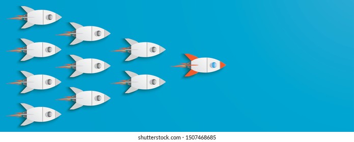 Business concept of the innovative leader startup with rockets on the blue background. Eps 10 vector file.