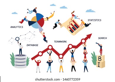 Business Concept of Business Intelligence, Analytics, Teamwork, Statistics, Database. Team lerks Search, Analysis, Data Aggregation. Cartoon flat Design, Isolated Vector Illustration.