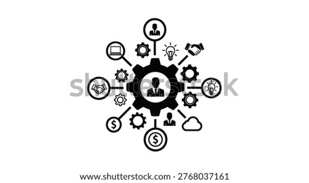 Business concept with interconnected icons and a central human figure silhouette