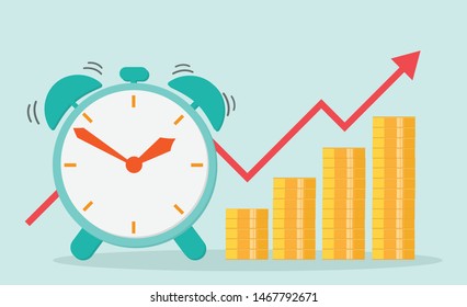 Business concept and investment finance. clock with a pile money and red graphs. chart increase growth arrows to success. Time is precious. Vector illustration in flat design.