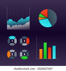 Business concept, investment, financial charts. Set of vector diagrams, graphs in dark colors with bright elements. Design template for web, applications, articles.