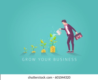 Business concept of investment in money tree in four step. Start up and growth of business. Businessman watering money tree. Vector flat illustration.