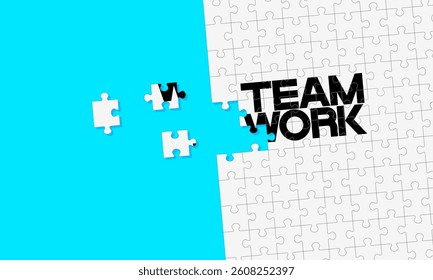 Business concept. Jigsaw puzzle of word teamwork. It reflects having the right elements in a work, like the pieces of a puzzle needing to be in the right place to create perfect picture. Illustration.