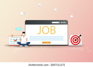 Business concept of job search, businessman is searching to find a new job on his laptop and sit in front of a big screen of web browser that contain big word "JOB" in pastel color background.