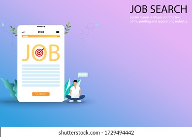 Business concept of job search, Young man sitting near tablet that the screen contain big word of "JOB" and searching to find a job after graduation in pastel color background. 