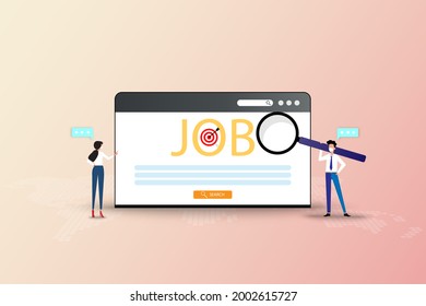 Business concept of job search, young man and woman are searching to find a new job on web browser that the screen contain big word "JOB".